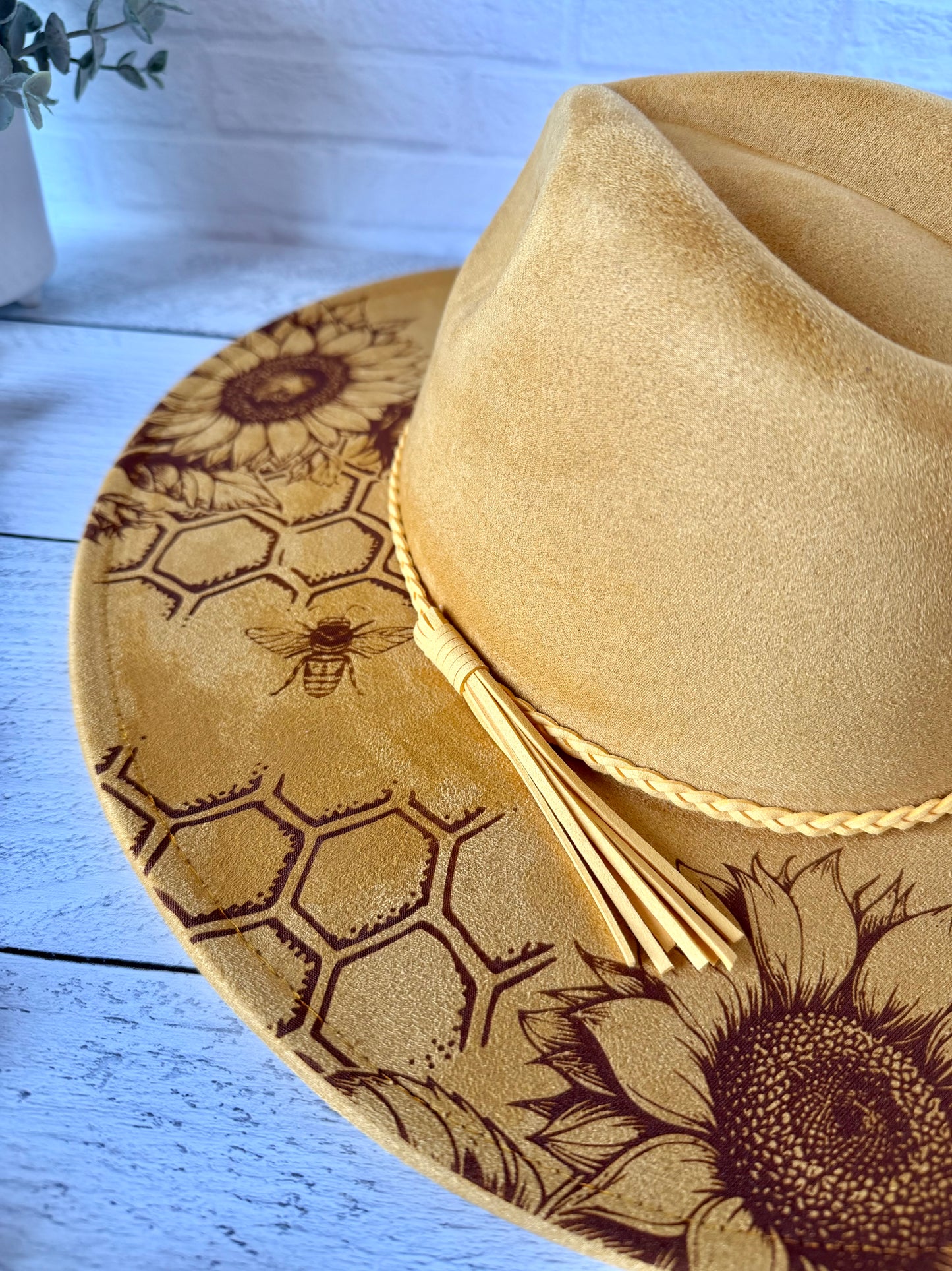 Sunflowers and Honey Bees on Mustard Yellow Wide Brim Hat