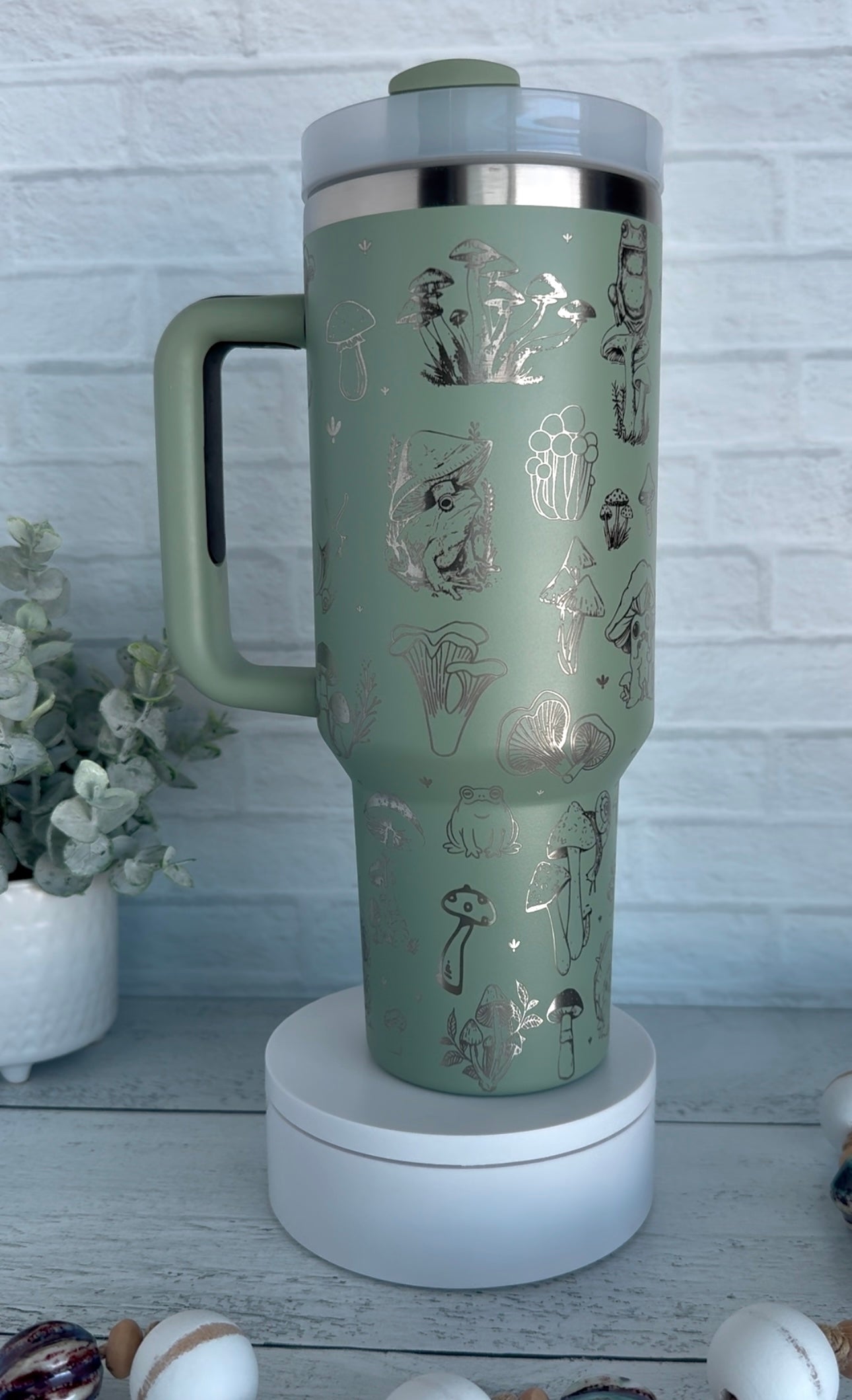 40 oz Tumbler - Mushrooms & Frogs on Sage RTS