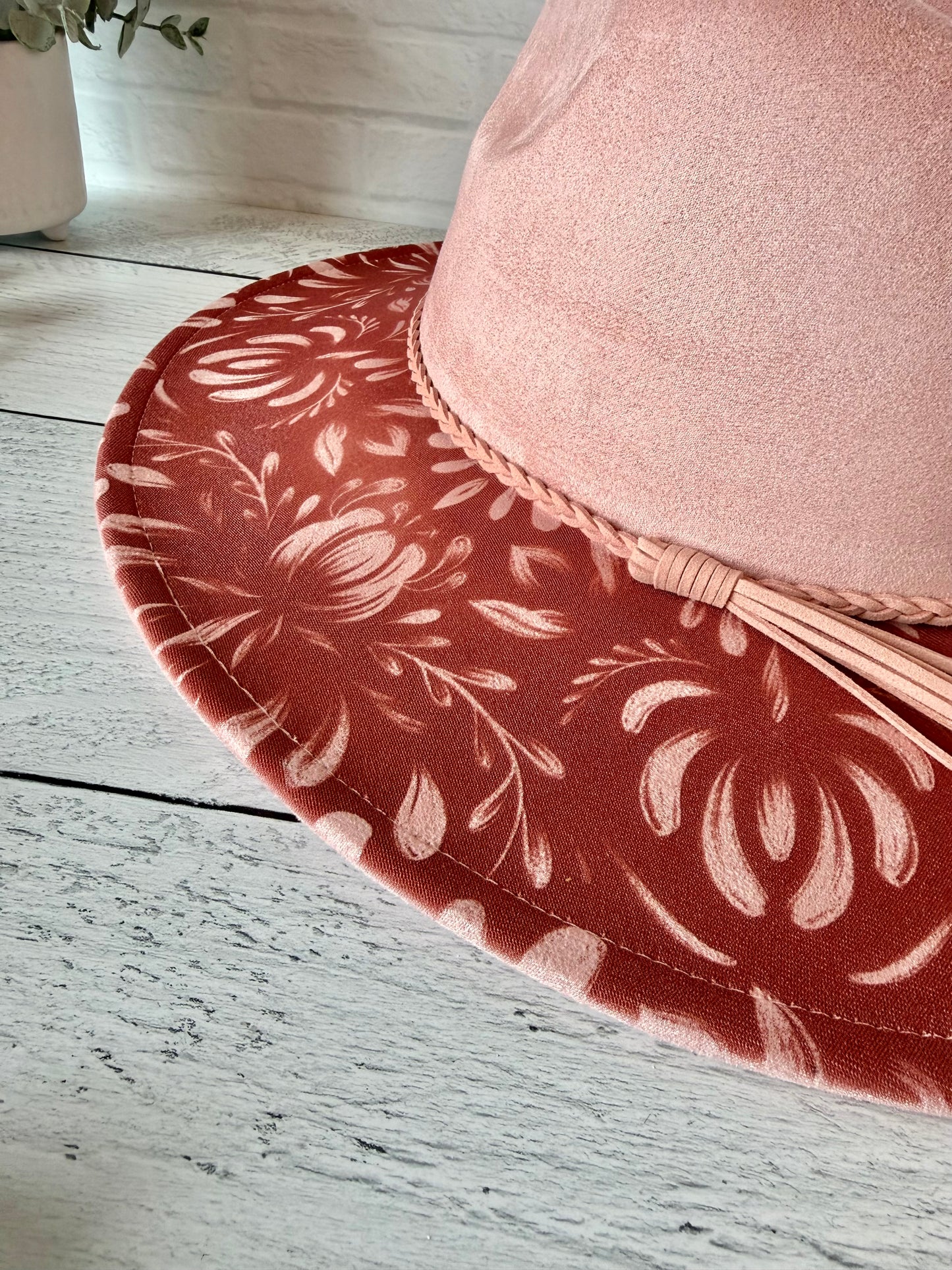 China Pattern on Dusty Pink Wide Brim Hat