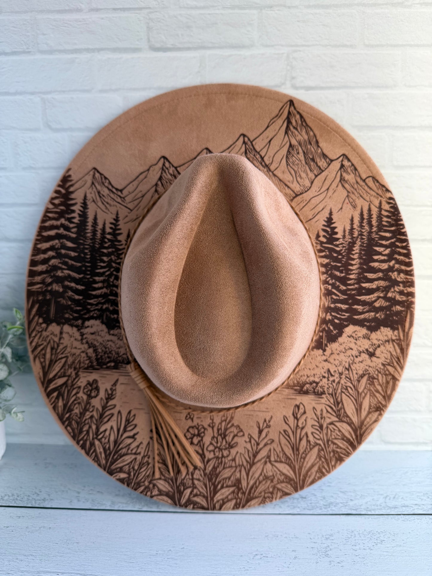 Mountain Scene on Khaki Wide Brim Hat