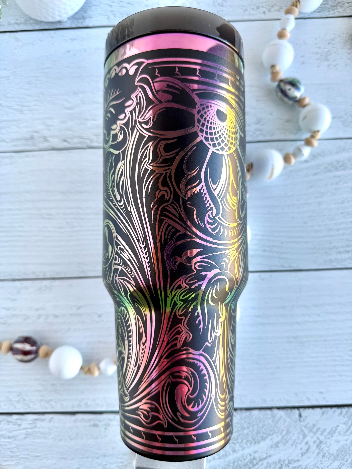 40 Oz Tumbler - Western Floral Tooled Black over Rainbow RTS