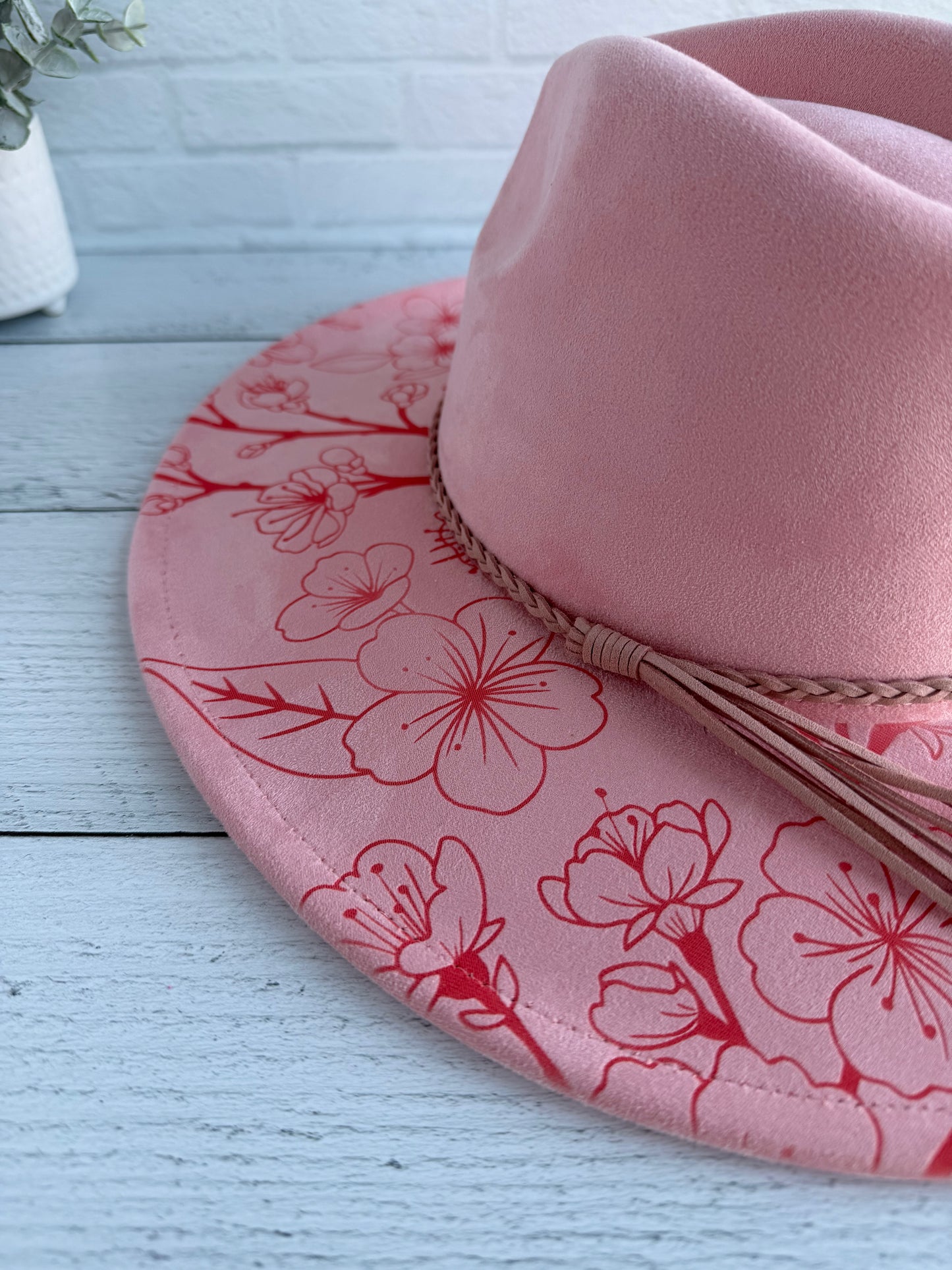 Cherry Blossoms on Light Pink Wide Brim Hat