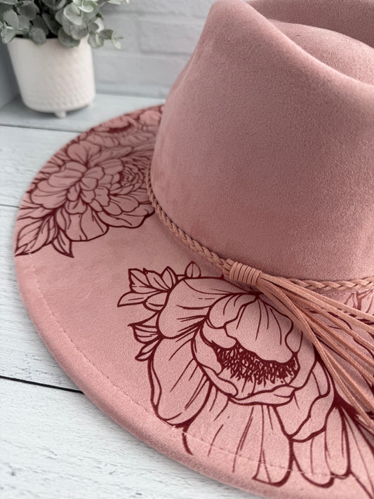 Large Peony on Dusty Pink Wide Brim Hat