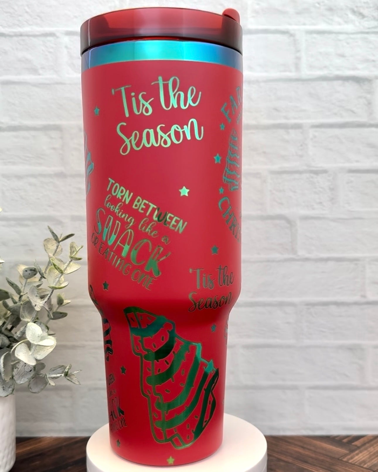40 oz Tumbler - Christmas Snacks on Red Engraves Green RTS