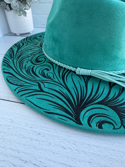 Western Tooled on Teal Wide Brim Hat