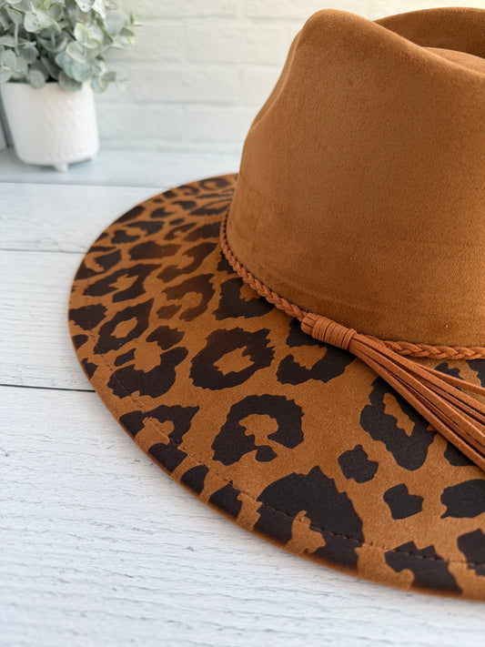 Leopard Print on Camel Brown Wide Brim Hat