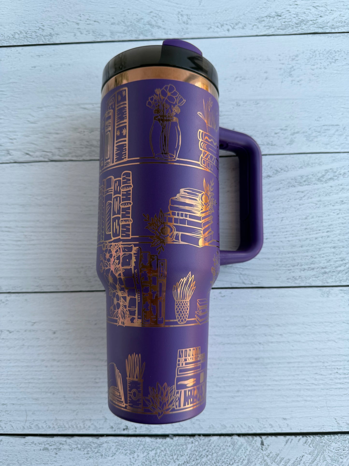 40 oz Tumbler - Book Shelves on Purple engraves Copper RTS