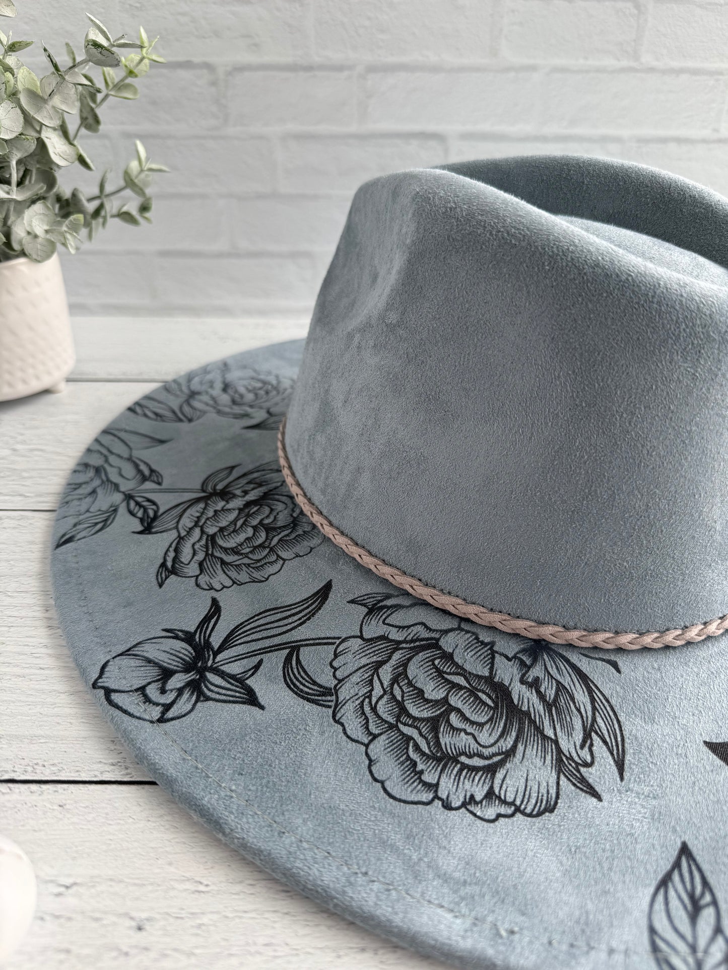 Peony on Dusty Blue Wide Brim Hat
