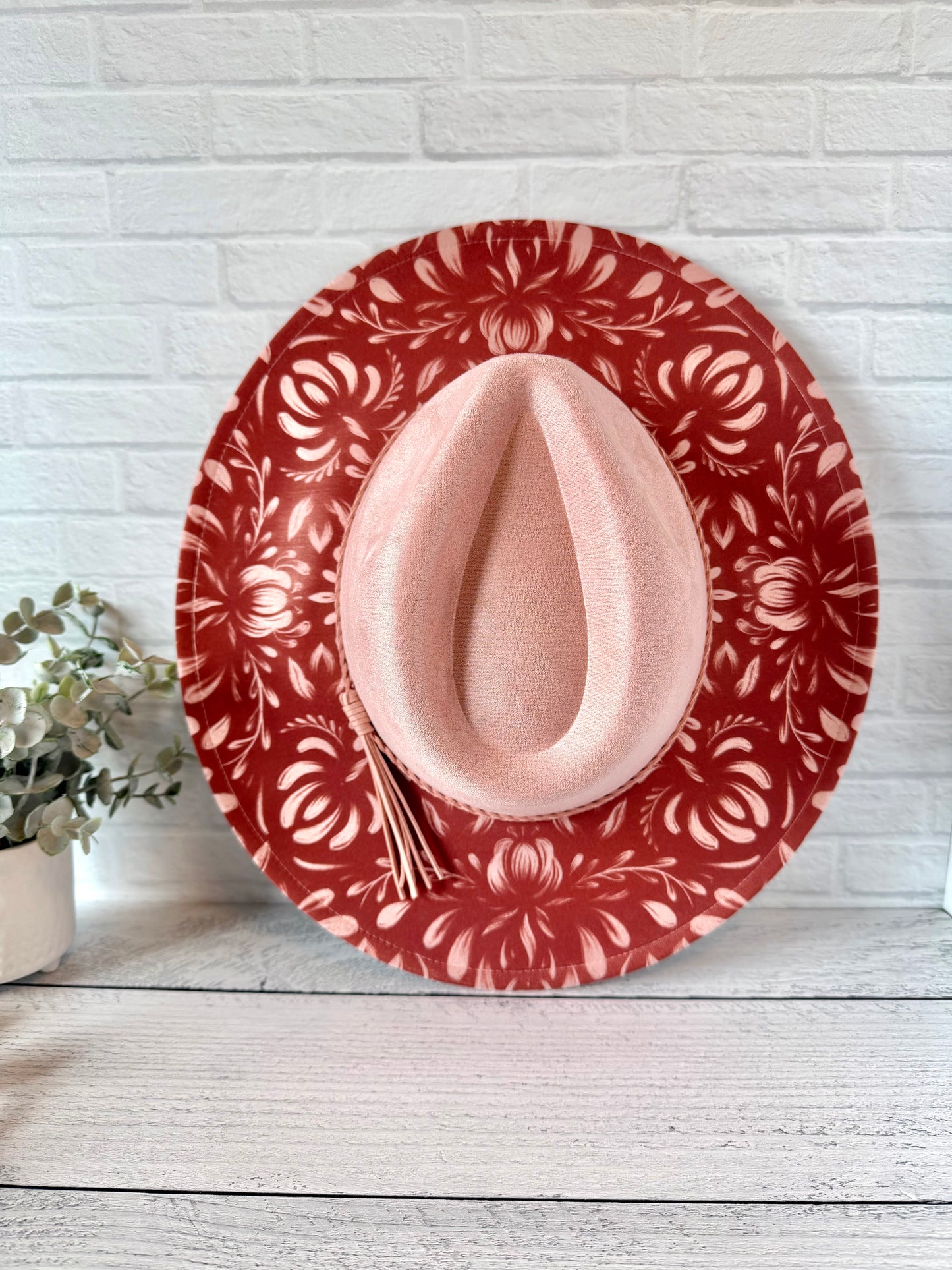 China Pattern on Dusty Pink Wide Brim Hat