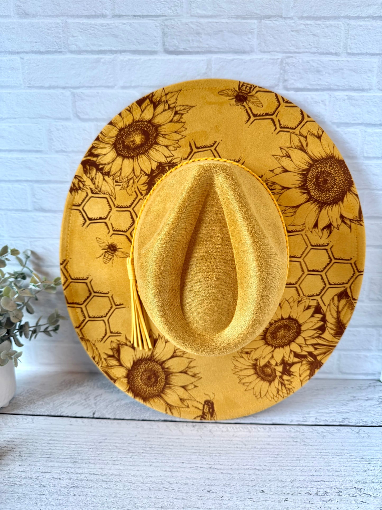 Sunflowers and Honey Bees on Mustard Yellow Wide Brim Hat