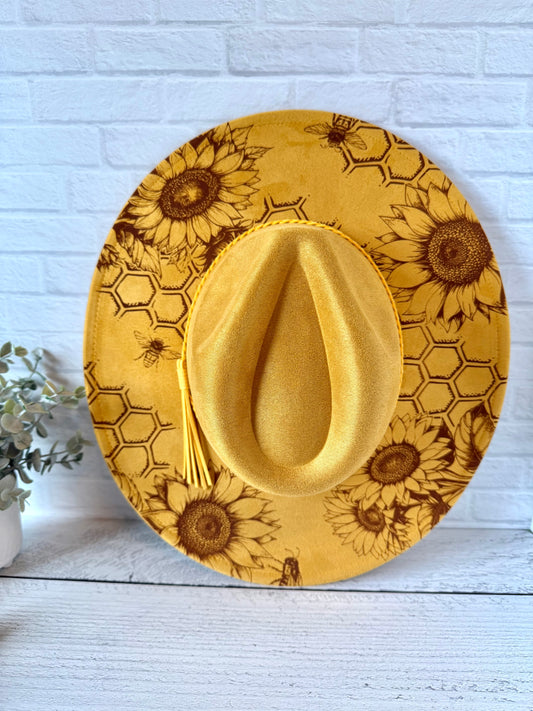 Sunflowers and Honey Bees on Mustard Yellow Wide Brim Hat