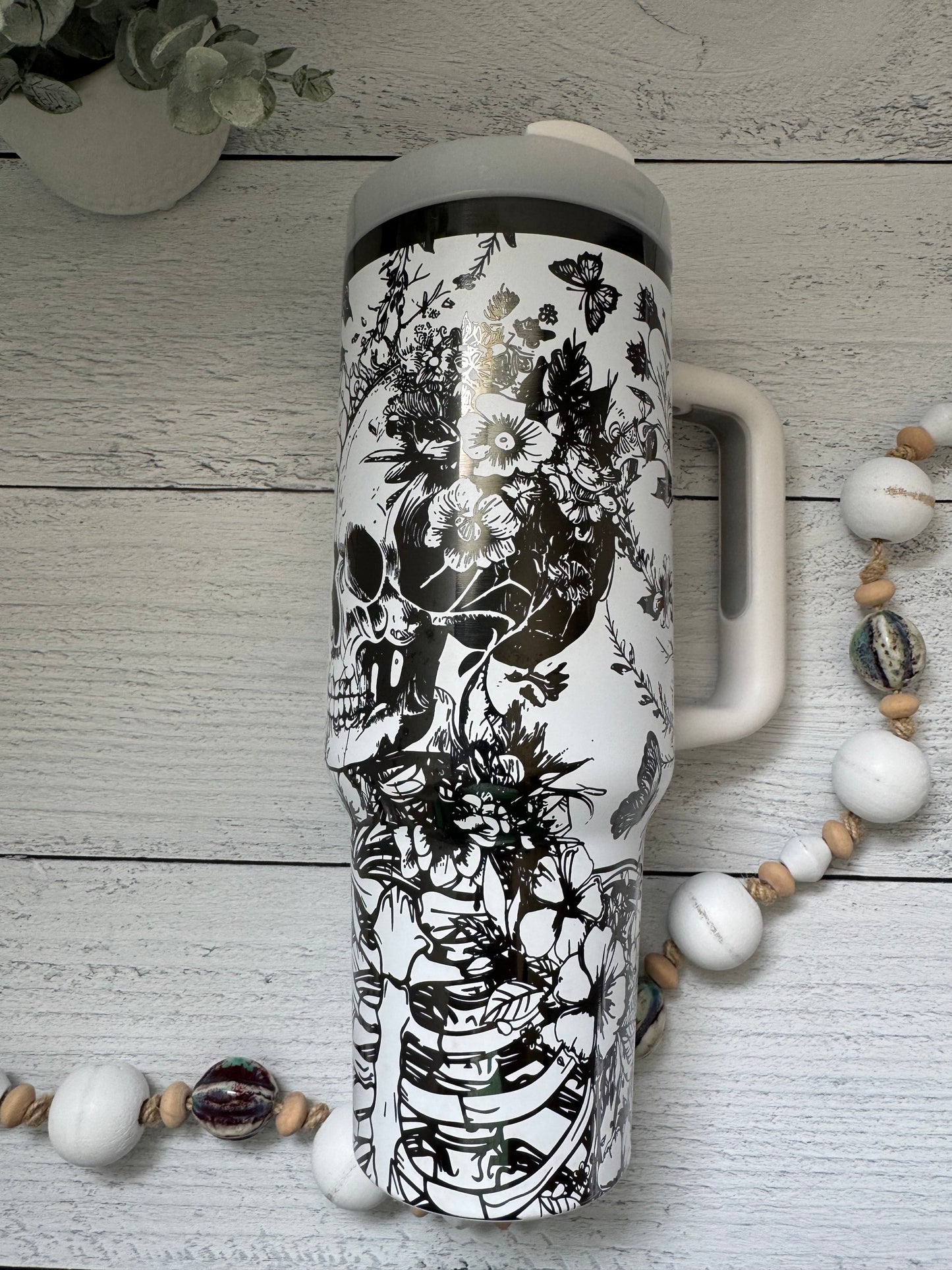 40 oz Tumbler - Skeleton Garden White on Black RTS