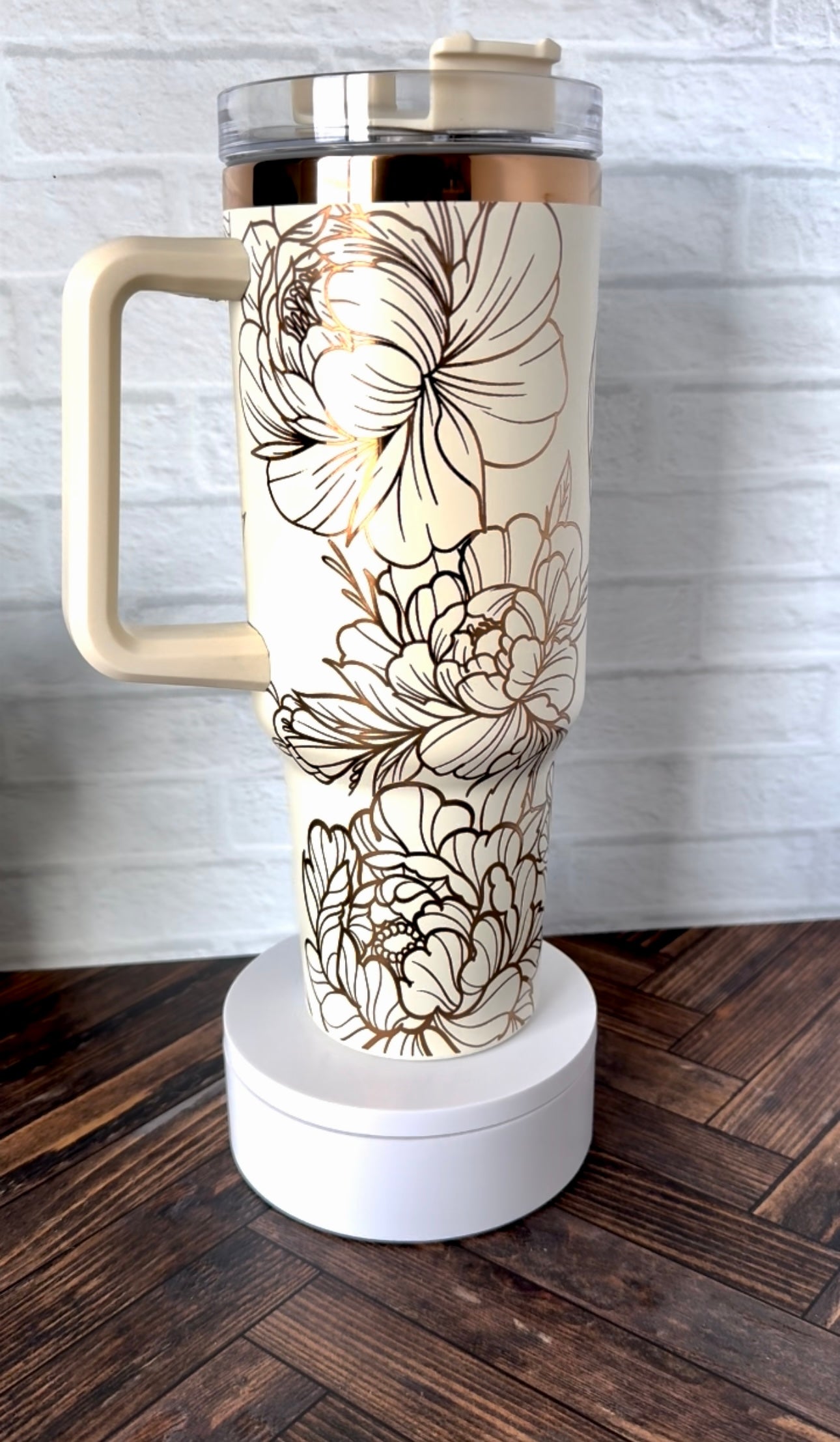 40 Oz Tumbler - Peonies - Cream and Copper RTS