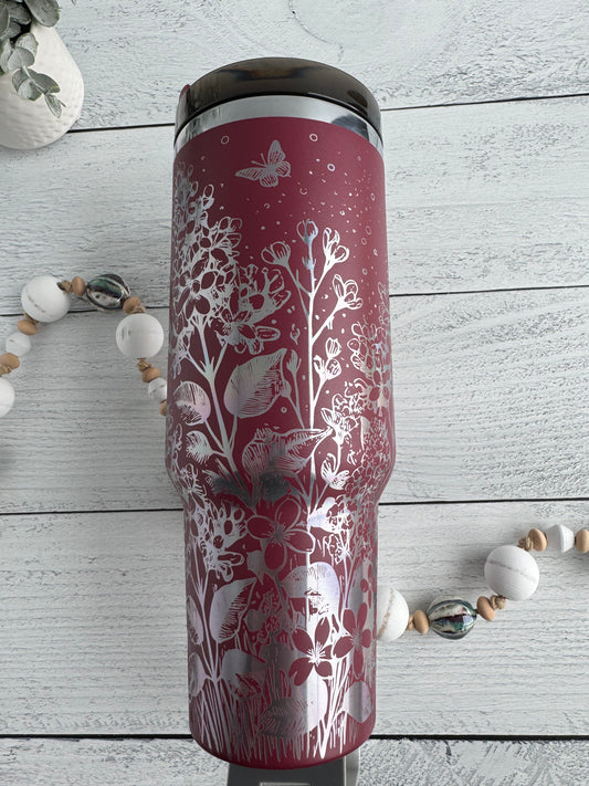40 Oz Tumbler - Wildflowers on Cranberry RTS
