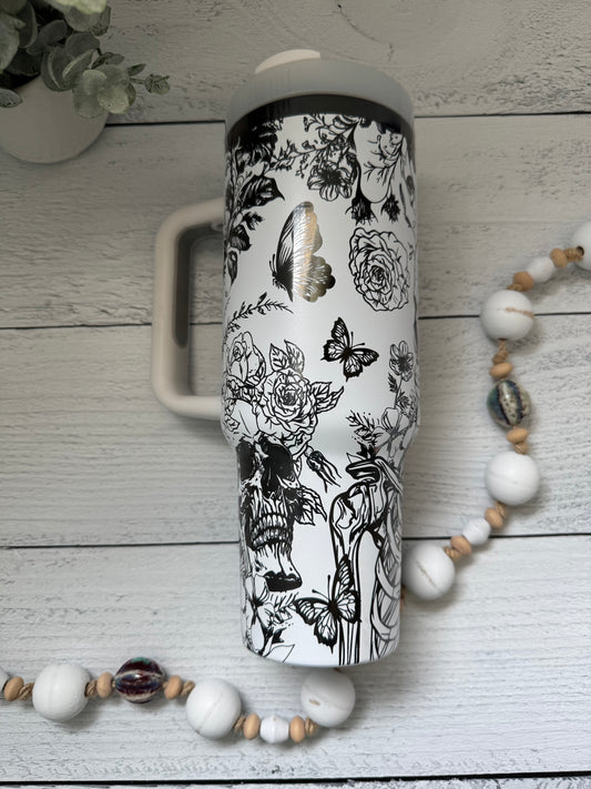 40 oz Tumbler - Skeleton Garden White on Black RTS