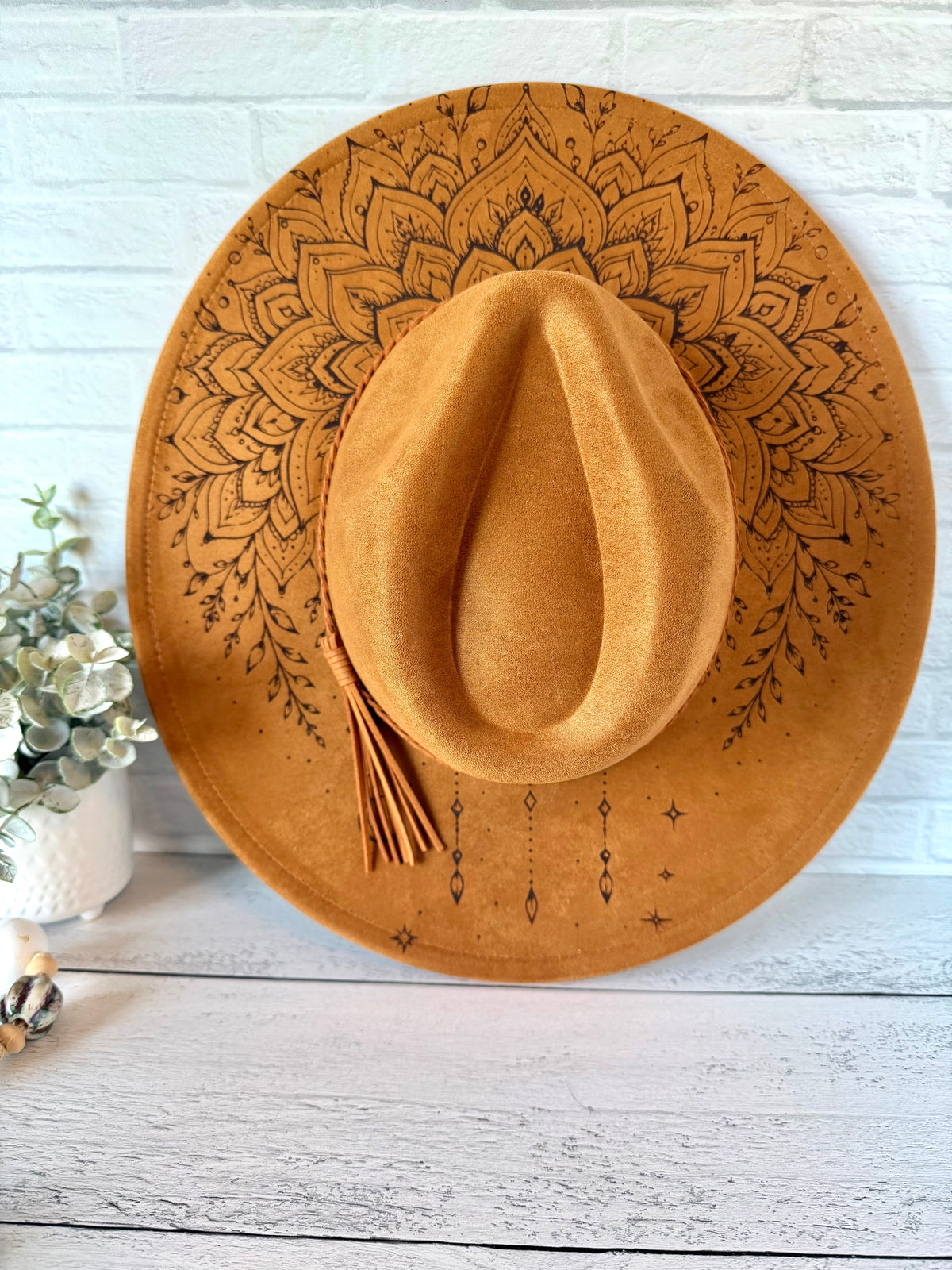 Mystical Mandala on Camel Brown Wide Brim Hat