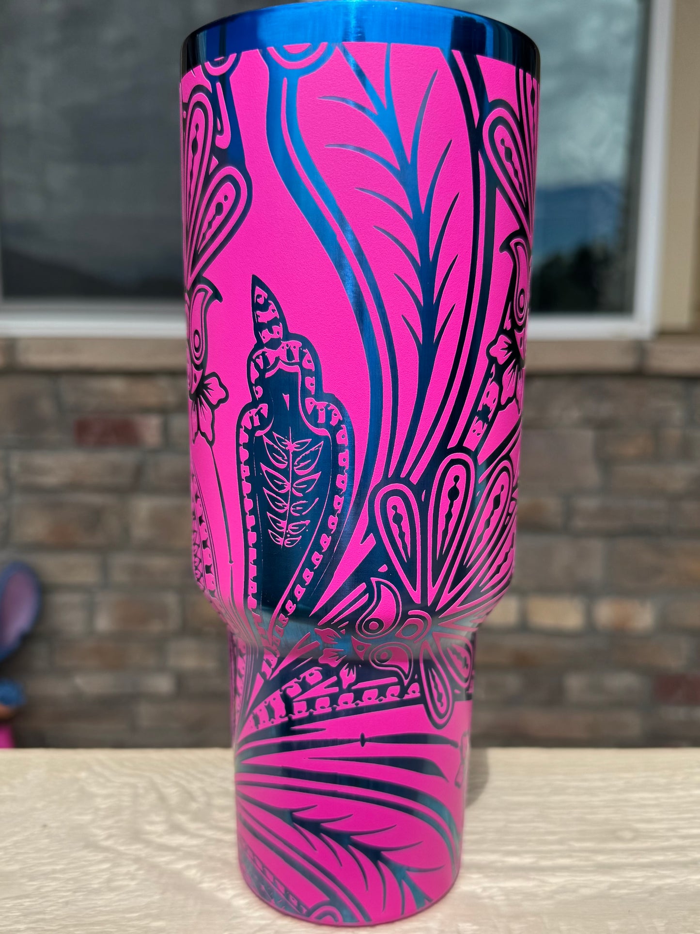 40 oz Tumbler - Floral Paisley on Hot Pink engraves Blue RTS