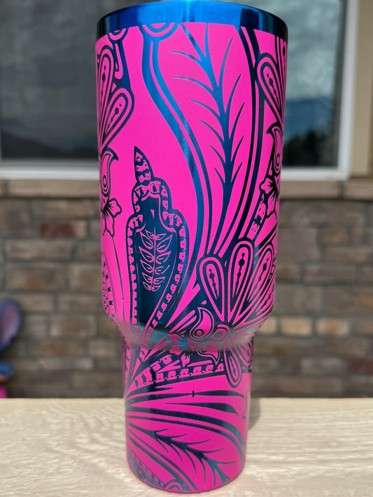 40 oz Tumbler - Floral Paisley on Hot Pink engraves Blue RTS