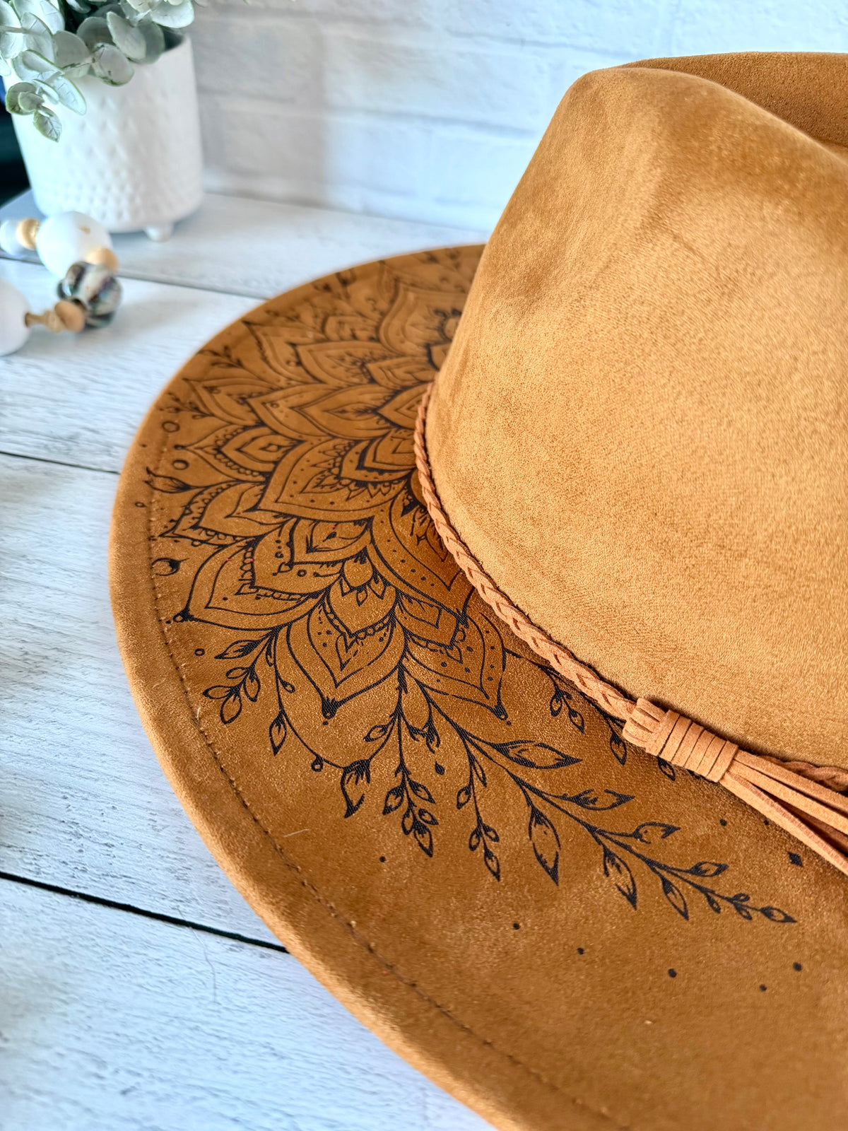Mystical Mandala on Camel Brown Wide Brim Hat