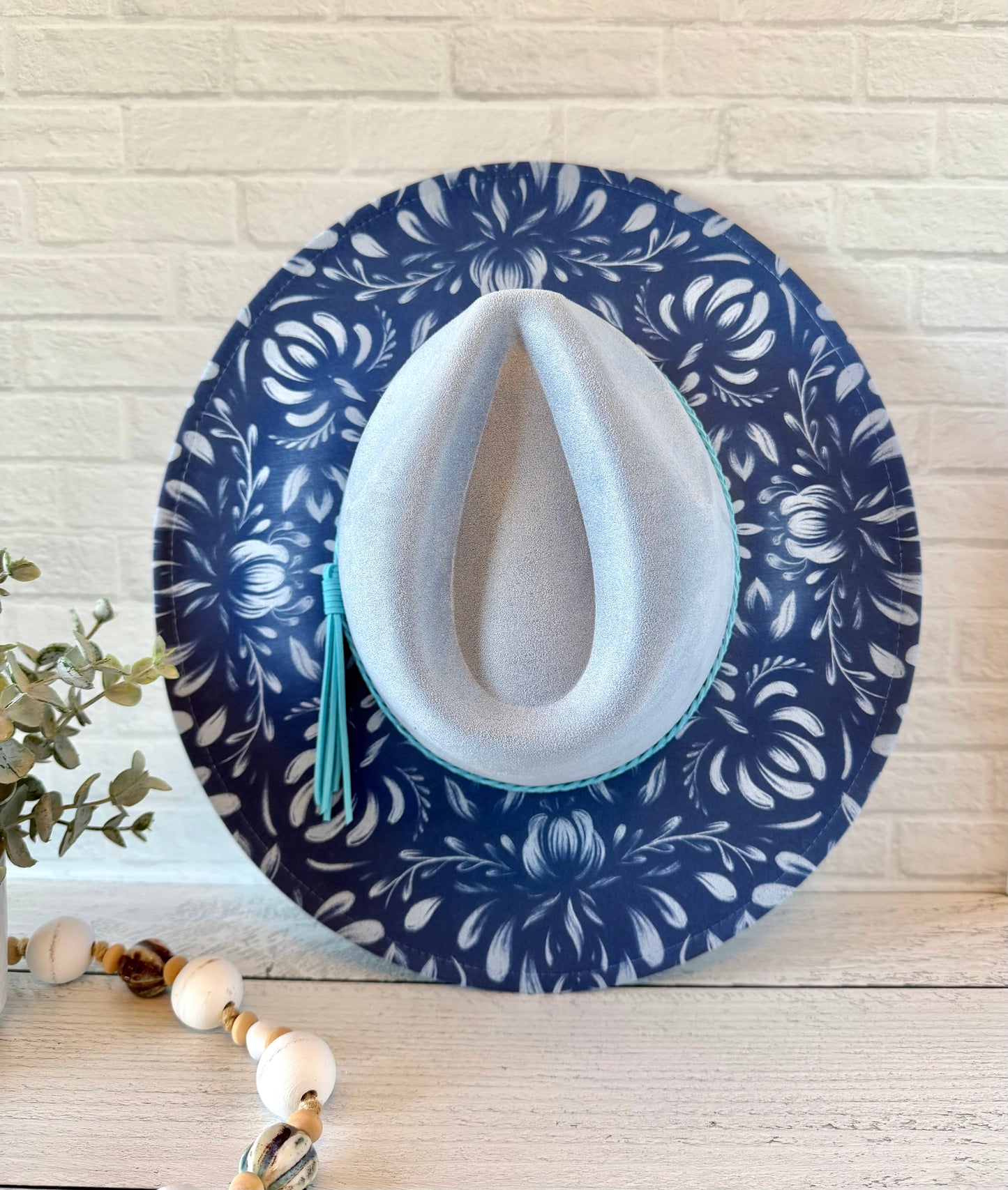 China Pattern on Powder Blue Wide Brim Hat