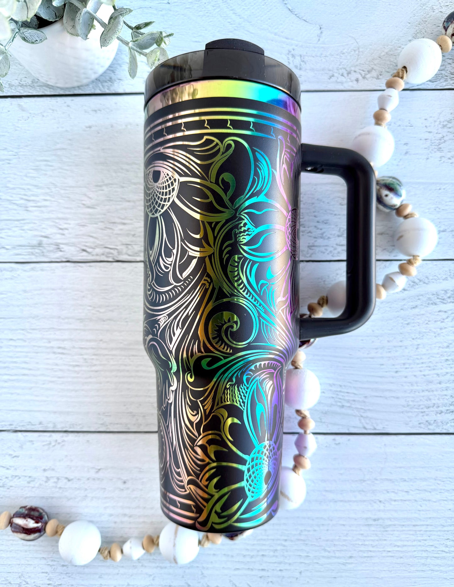 40 Oz Tumbler - Western Floral Tooled Black over Rainbow RTS