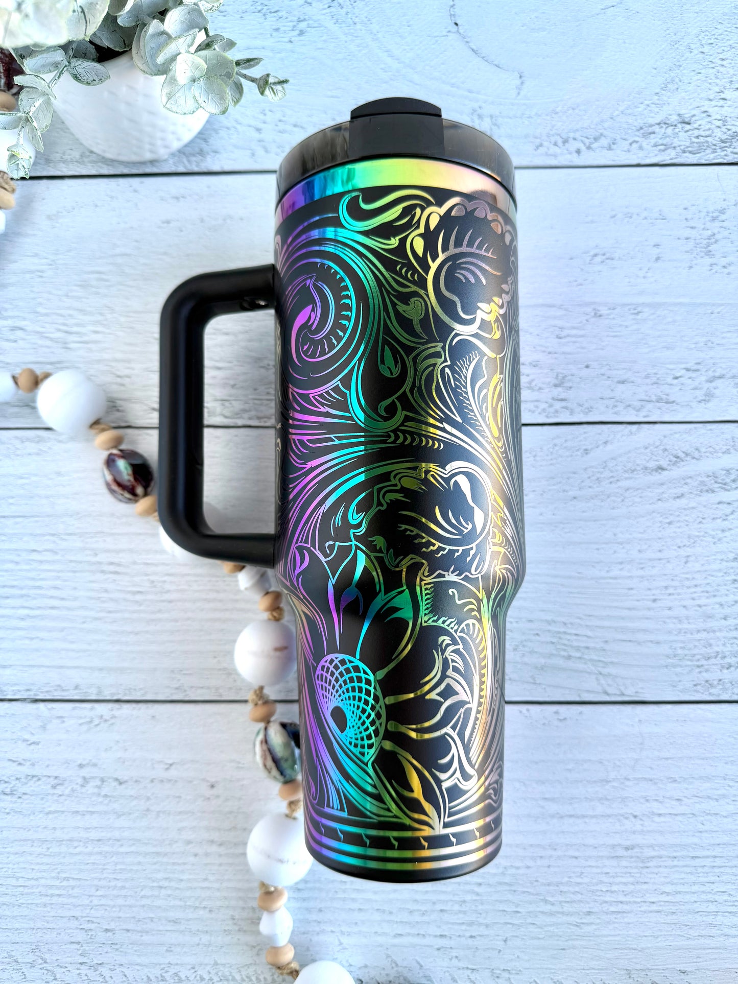 40 Oz Tumbler - Western Floral Tooled Black over Rainbow RTS