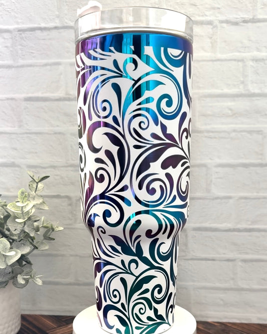 40 oz Tumbler - Scroll Work on White engraves Rainbow RTS