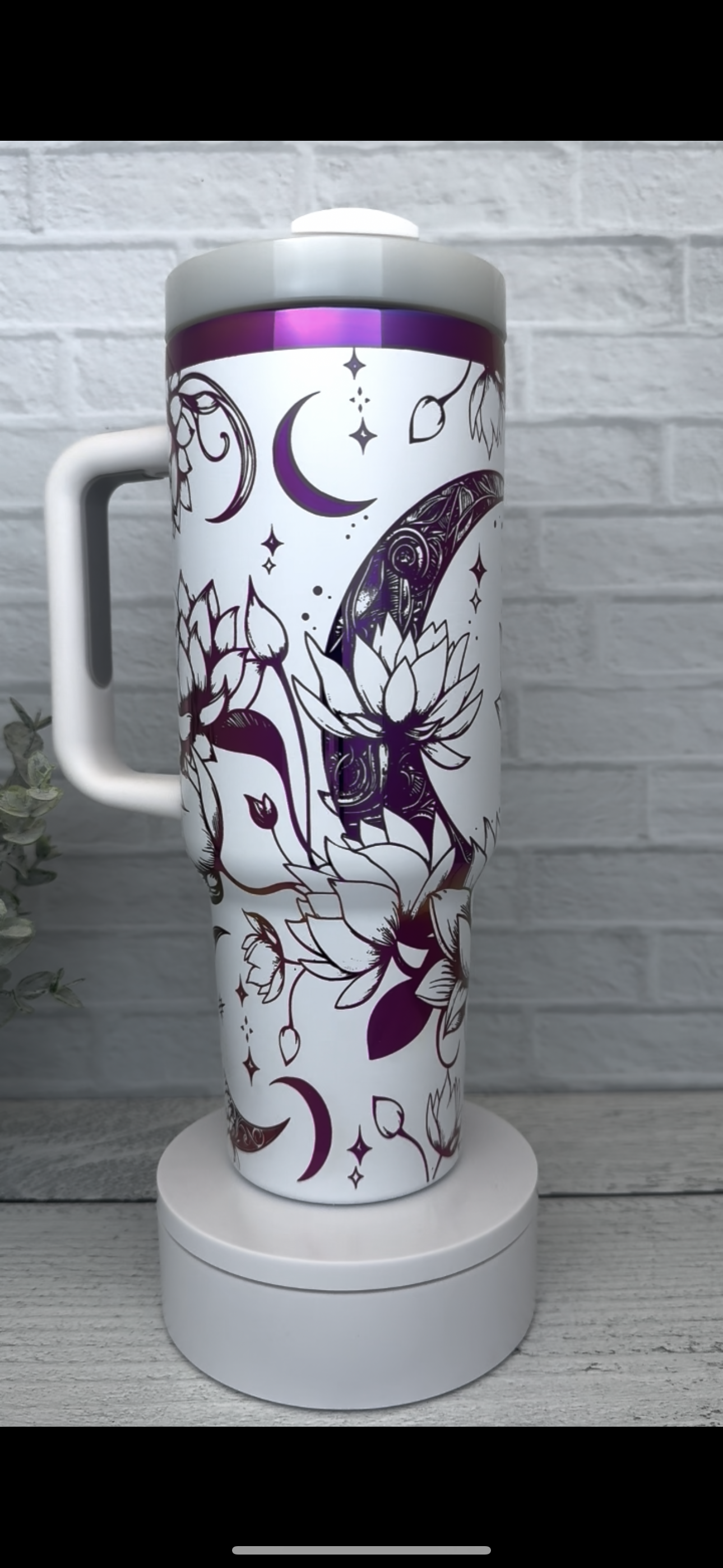 40 oz Lotus Moon on White engraves Purple RTS