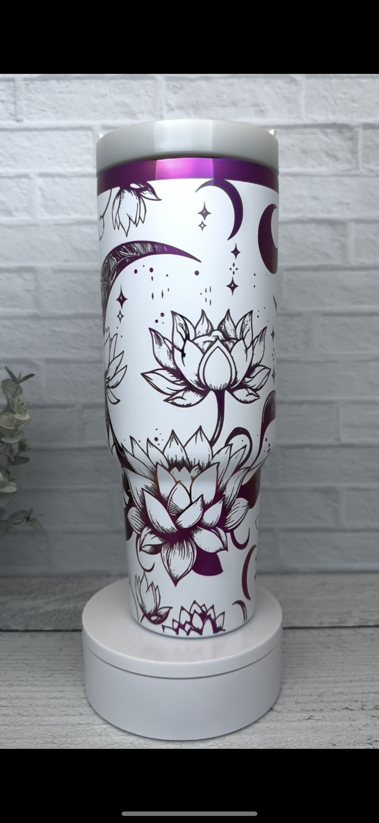 40 oz Lotus Moon on White engraves Purple RTS