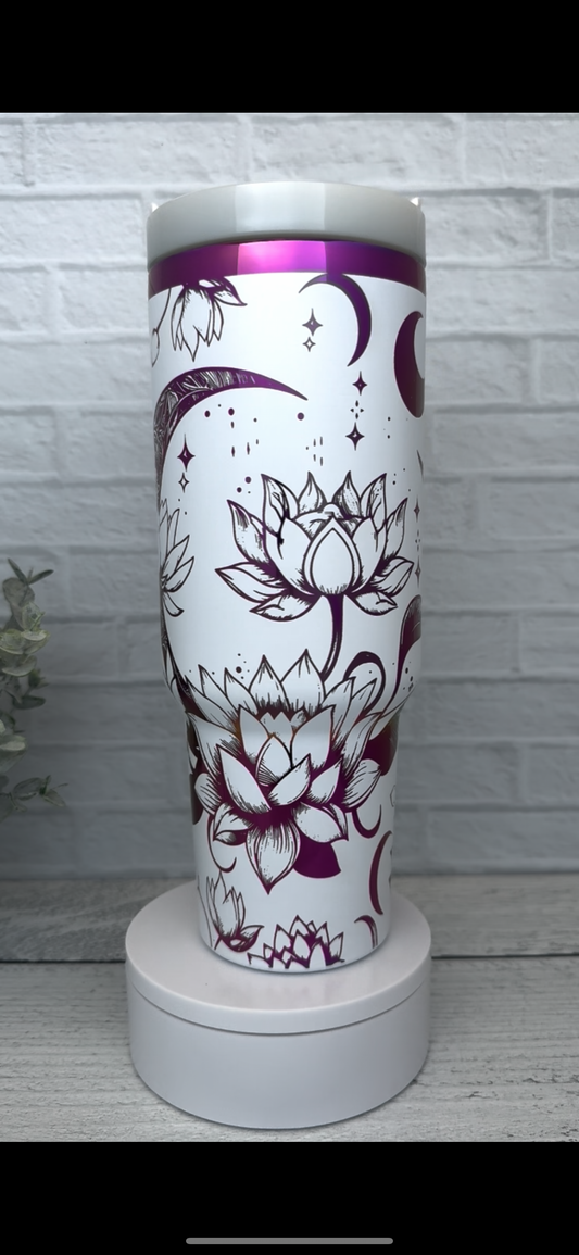 40 oz Lotus Moon on White engraves Purple RTS