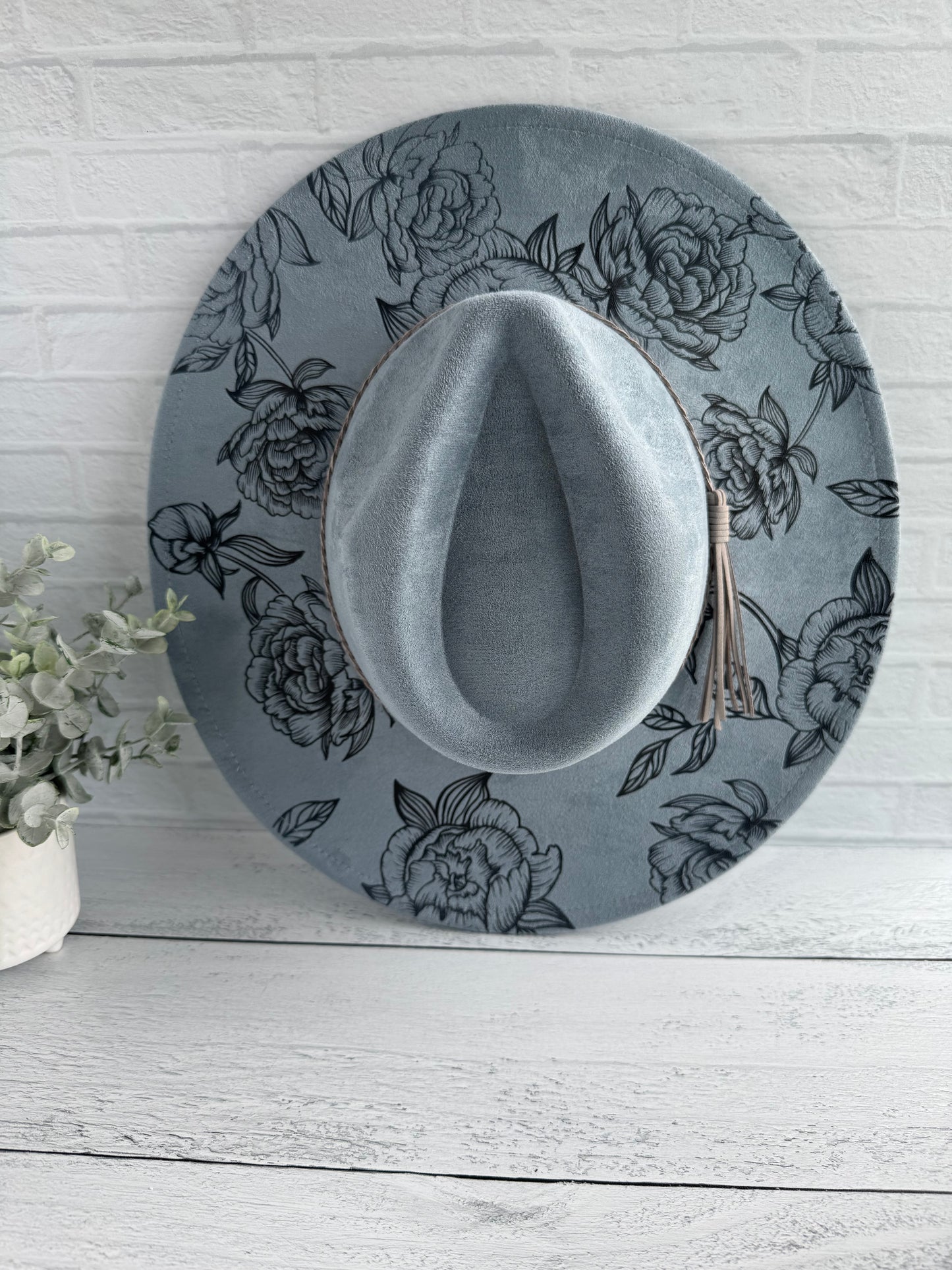 Peony on Dusty Blue Wide Brim Hat