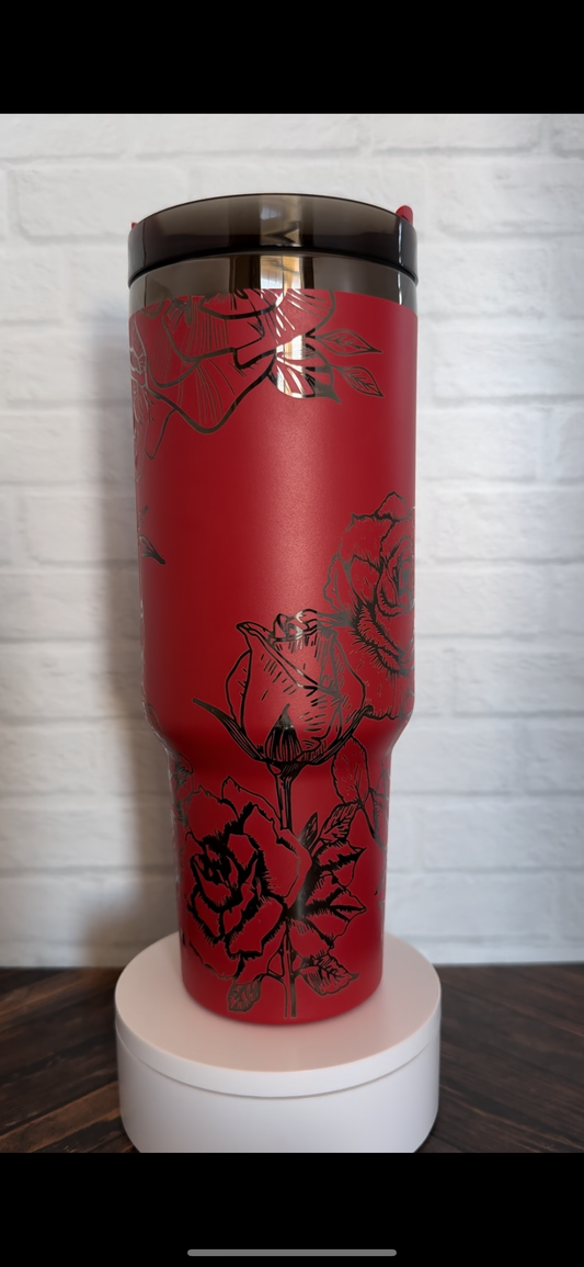 40 oz Tumbler - Roses on Red that engraves Black RTS