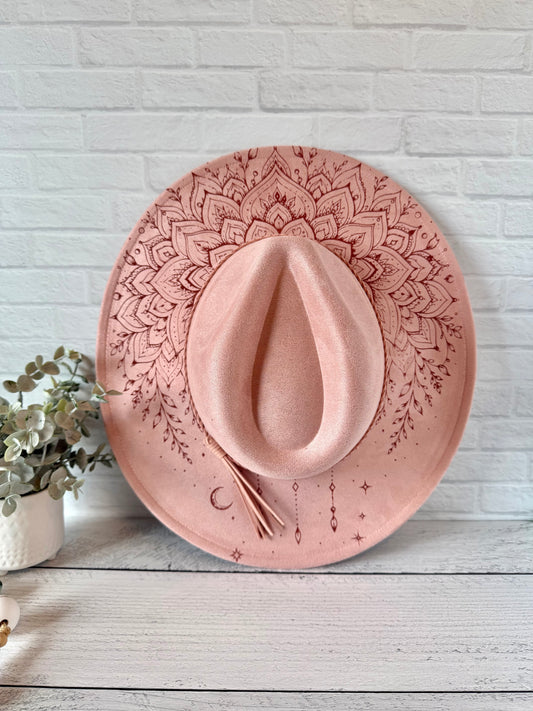 Mystical Mandala on Dusty Pink Wide Brim Hat