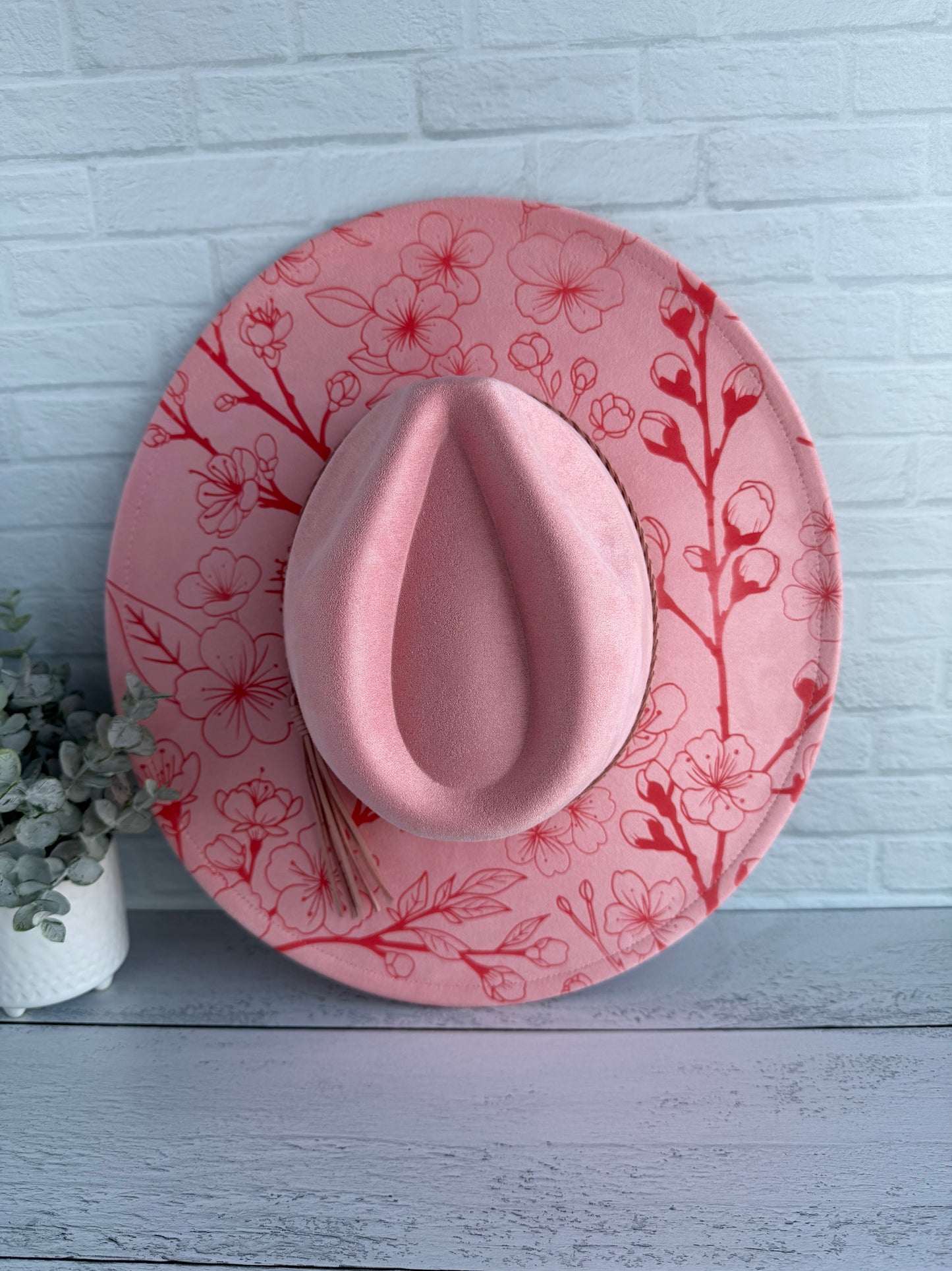 Cherry Blossoms on Light Pink Wide Brim Hat