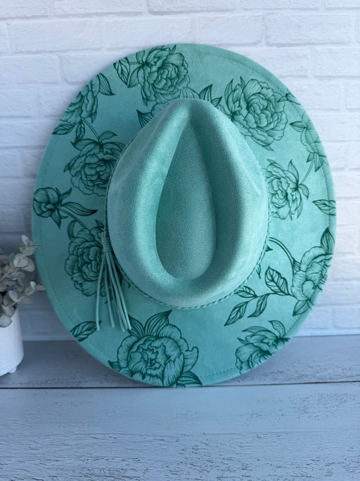 Peony on Mint Wide Brim Hat