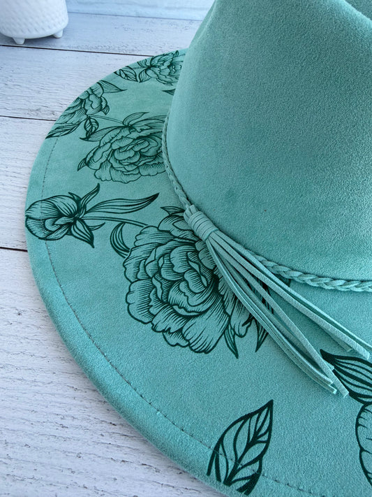 Peony on Mint Wide Brim Hat