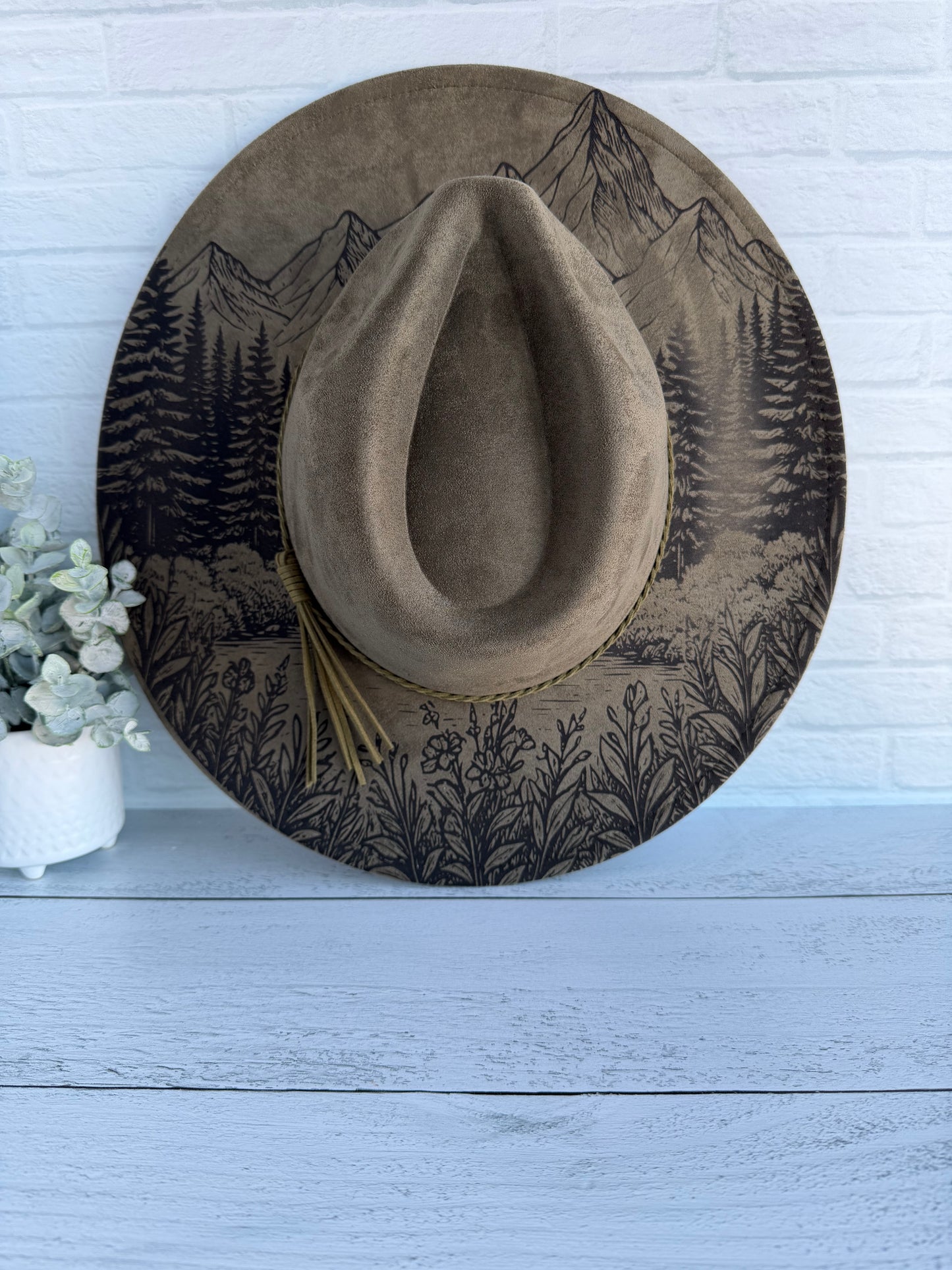 Mountain Scene on Olive Green Wide Brim Hat
