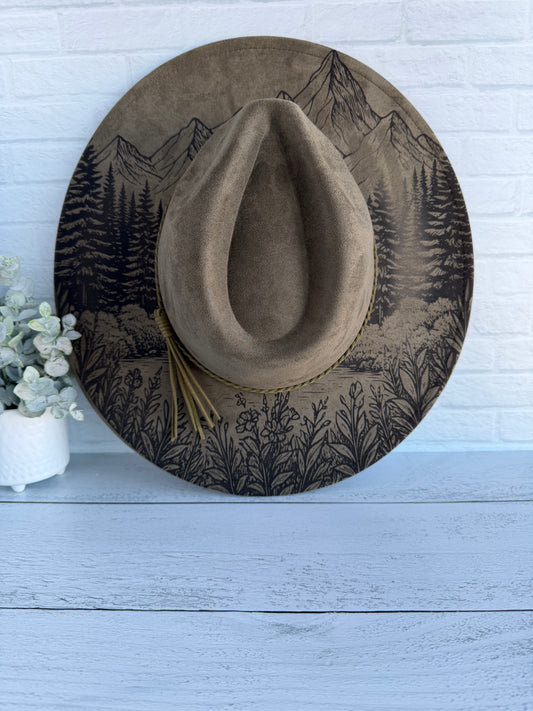 Mountain Scene on Olive Green Wide Brim Hat
