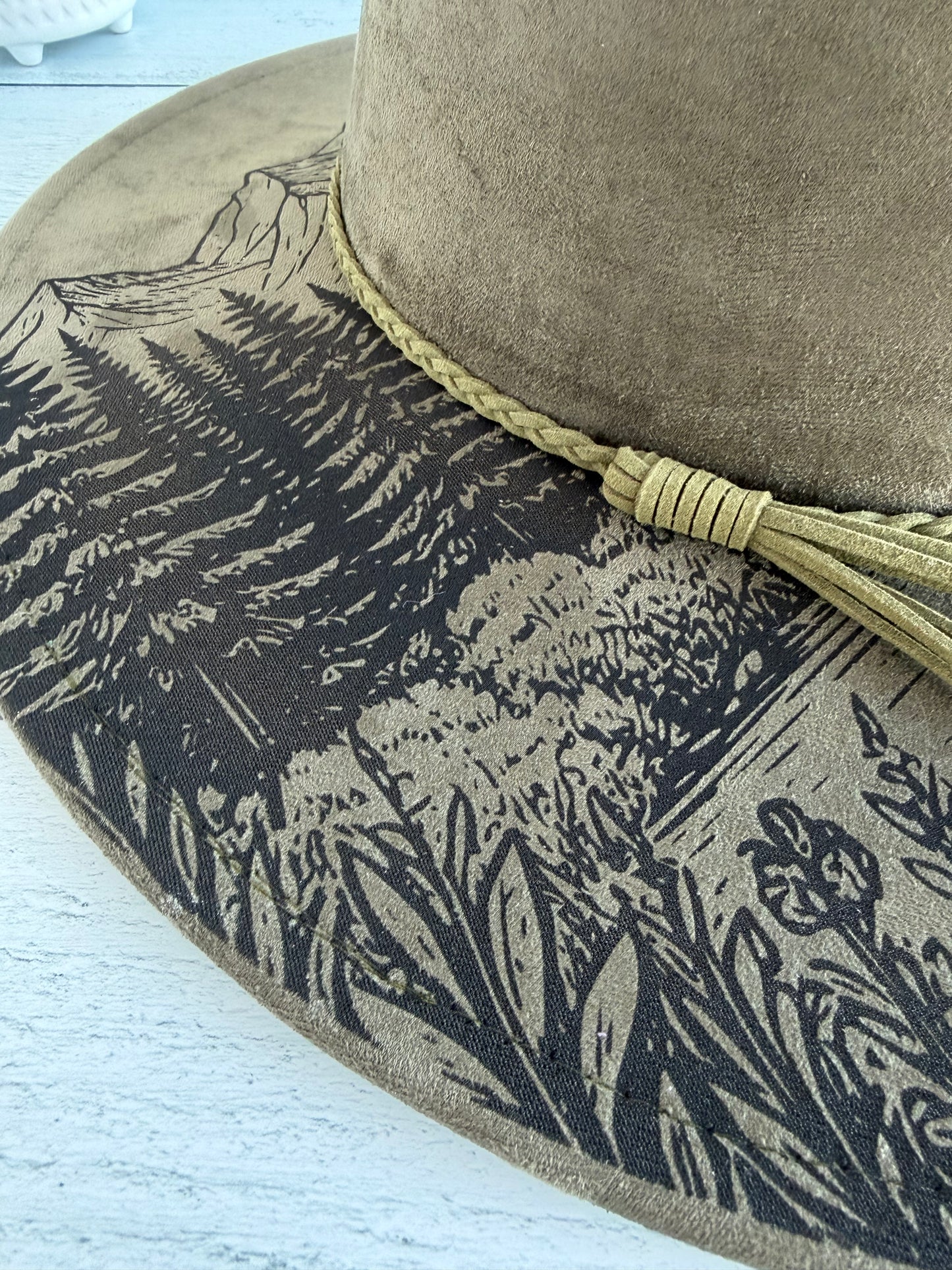 Mountain Scene on Olive Green Wide Brim Hat