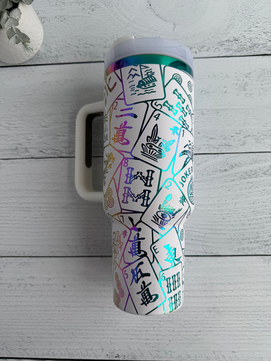 40 oz Tumbler - Mahjong on White engraves Rainbow RTS