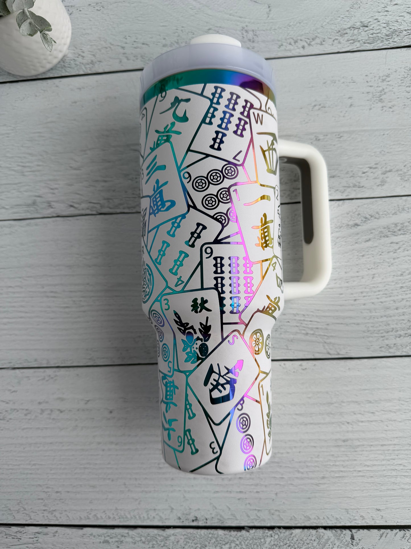 40 oz Tumbler - Mahjong on White engraves Rainbow RTS