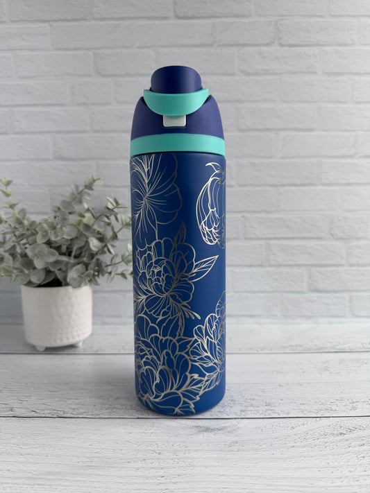 24 Oz Tumbler with Peony design on Blue RTS