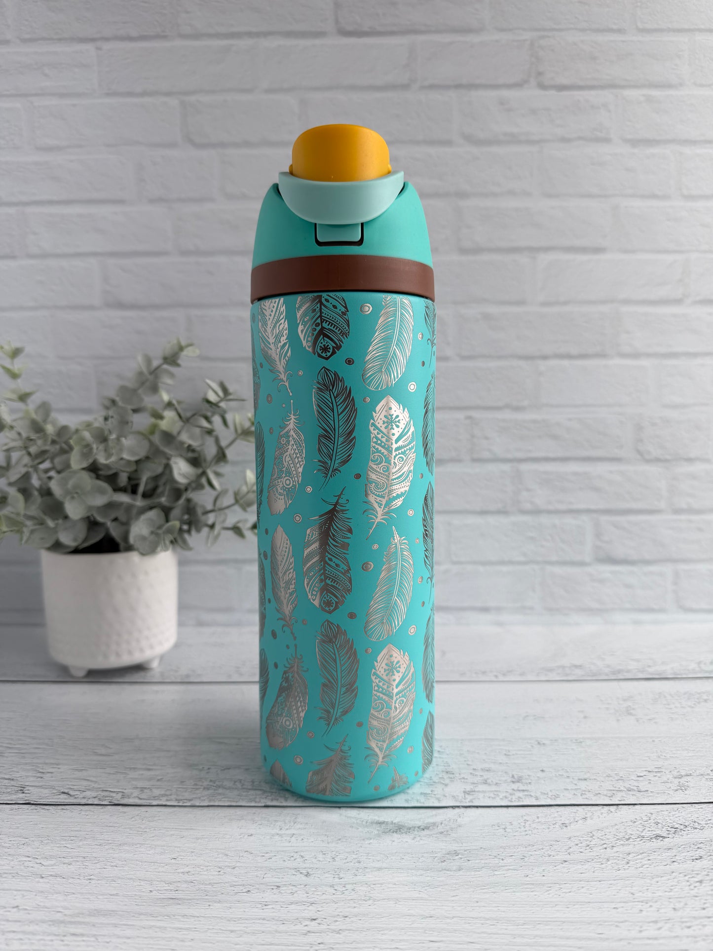 24 Oz Tumbler with Feather design on Teal RTS