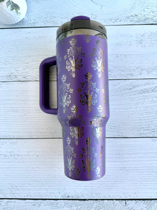 40 oz Tumbler - Spooky Wallpaper on Purple engraves Black RTS