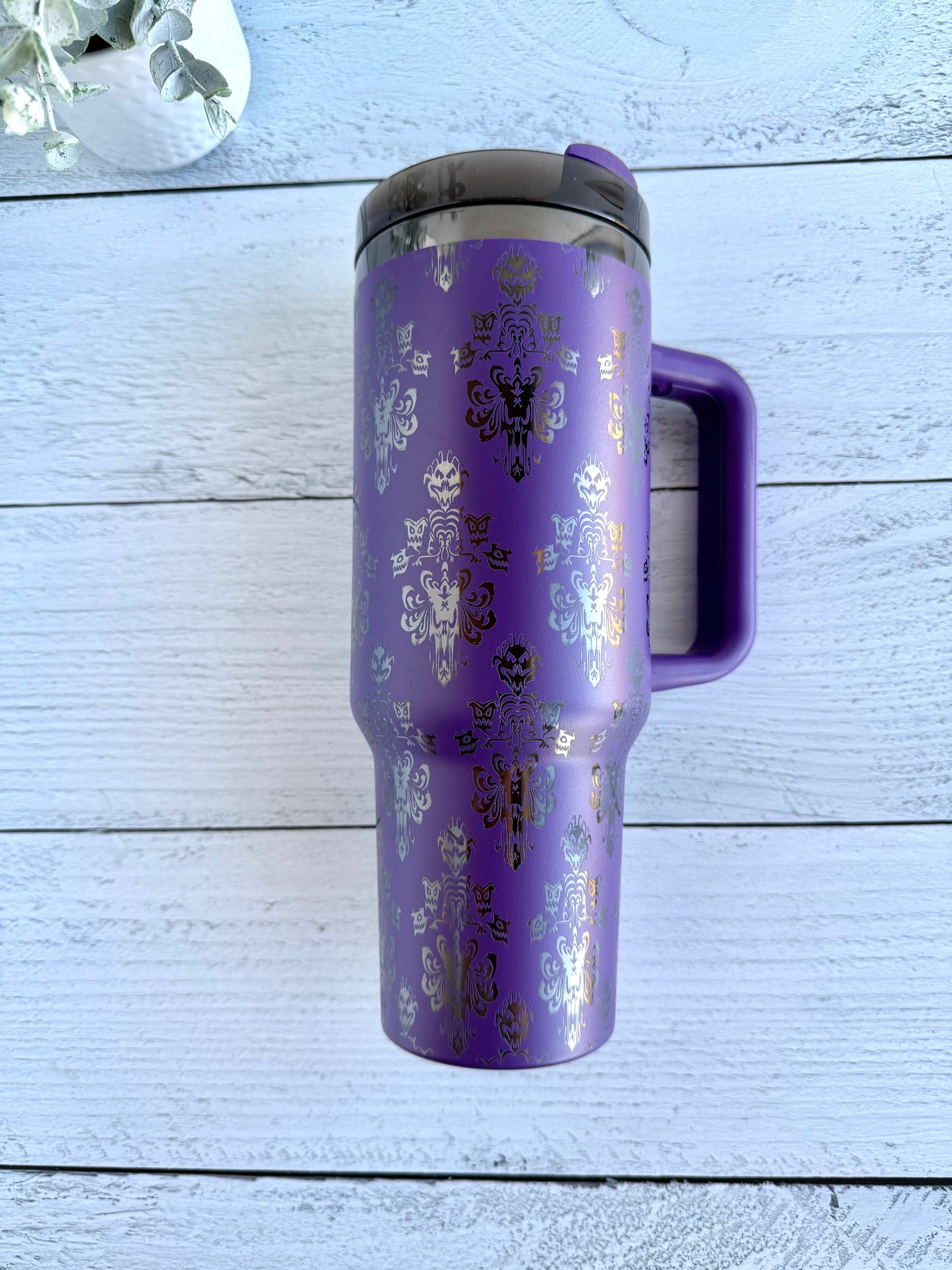 40 oz Tumbler - Spooky Wallpaper on Purple engraves Black RTS