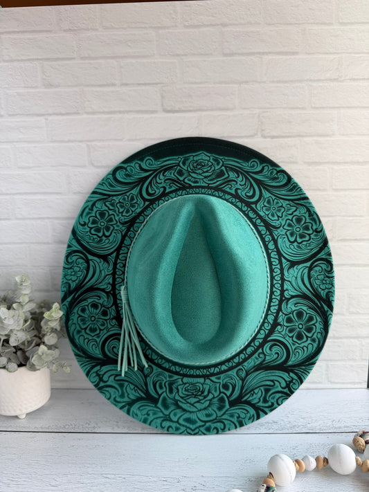 Tooled Leather Design on Teal Wide Brim Hat