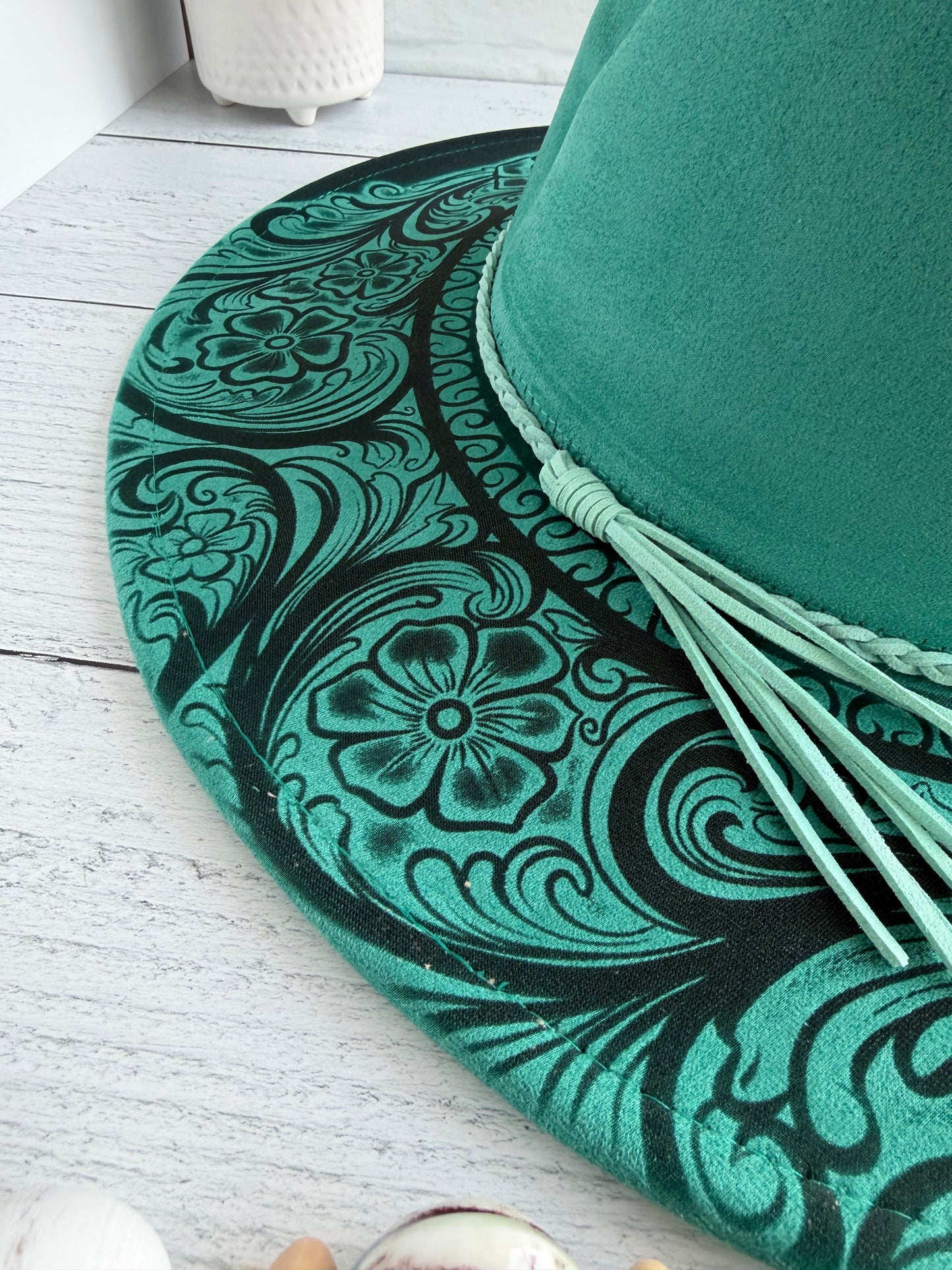 Tooled Leather Design on Teal Wide Brim Hat