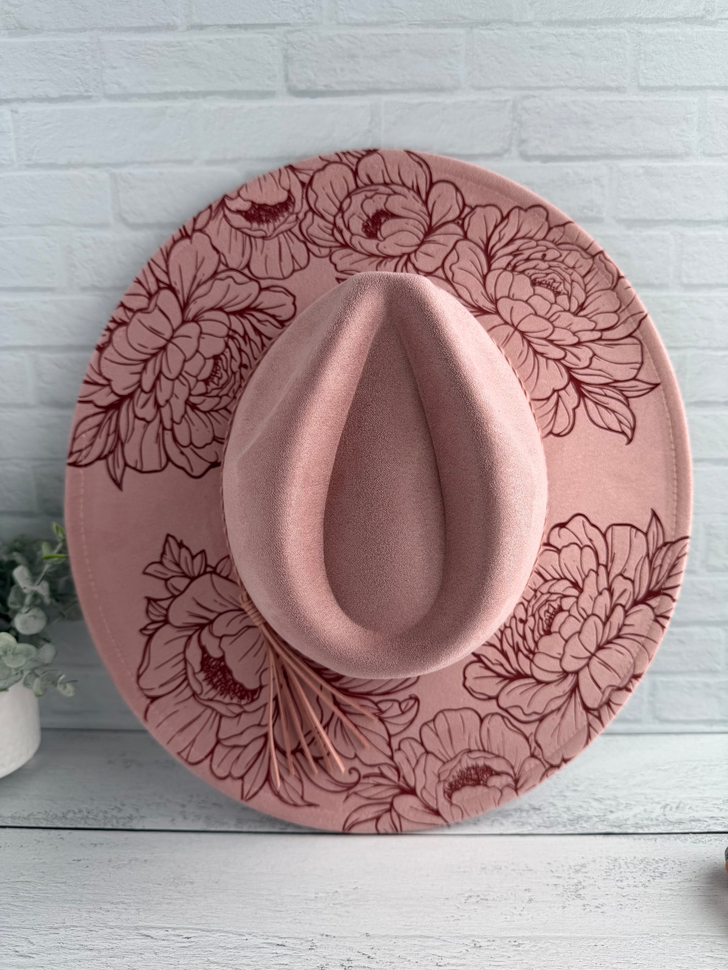 Large Peony on Dusty Pink Wide Brim Hat