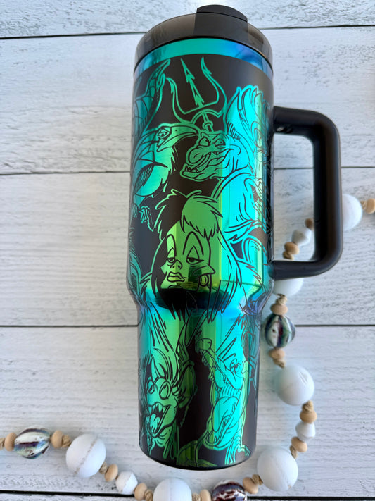 40 Oz Tumbler - Villains on Black engraves Green RTS