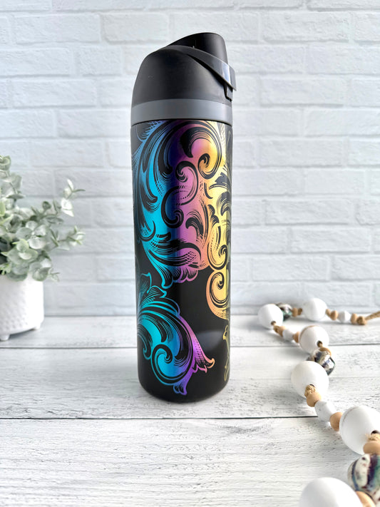 24 Oz Tumbler with Filigree design on Black engraves Rainbow RTS